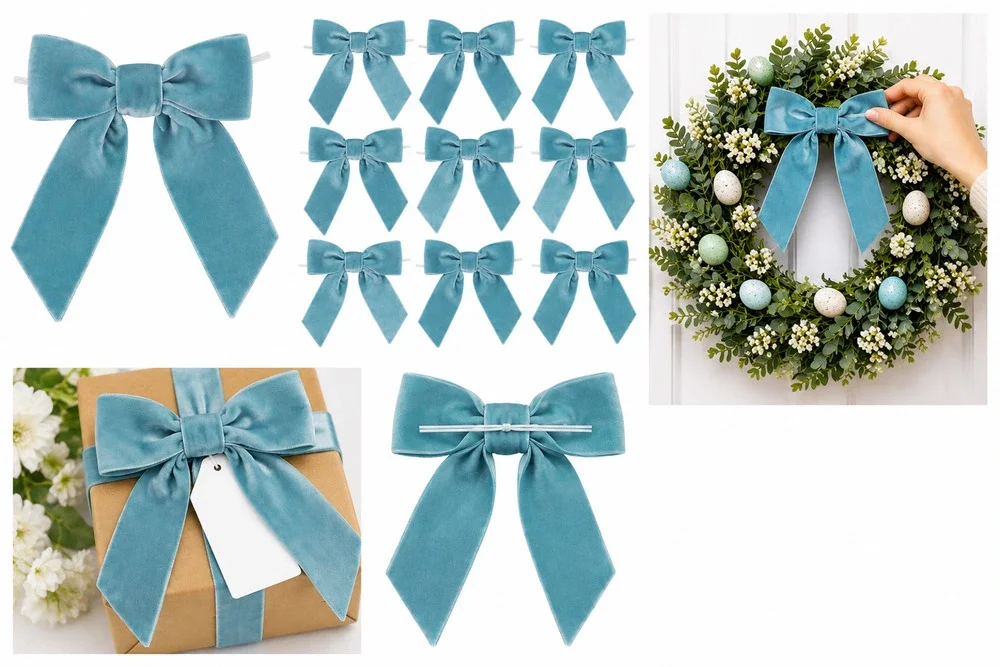 12-Pack Baby Blue Velvet Decorative Bows with Twist Ties